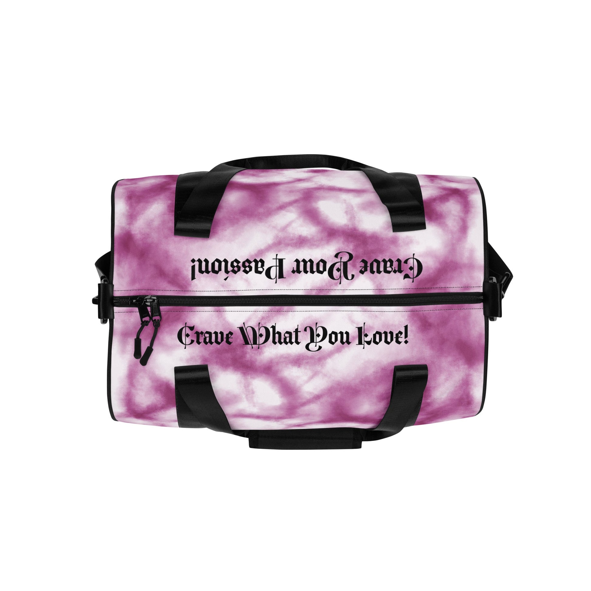 All-over print gym bag made of durable, water-resistant polyester with padded handles and inside pocket