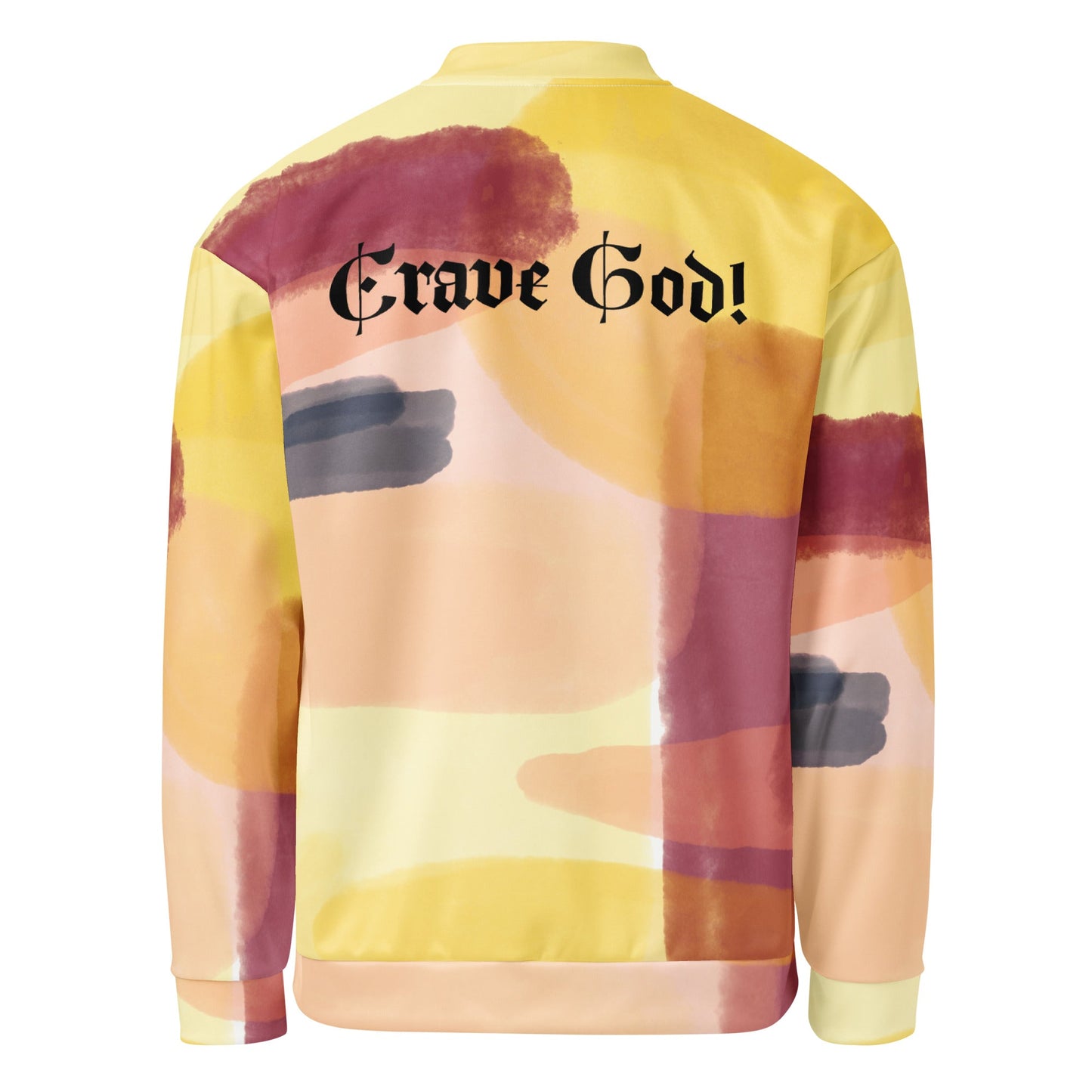 Unisex bomber jacket with vibrant all-over print and brushed fleece lining