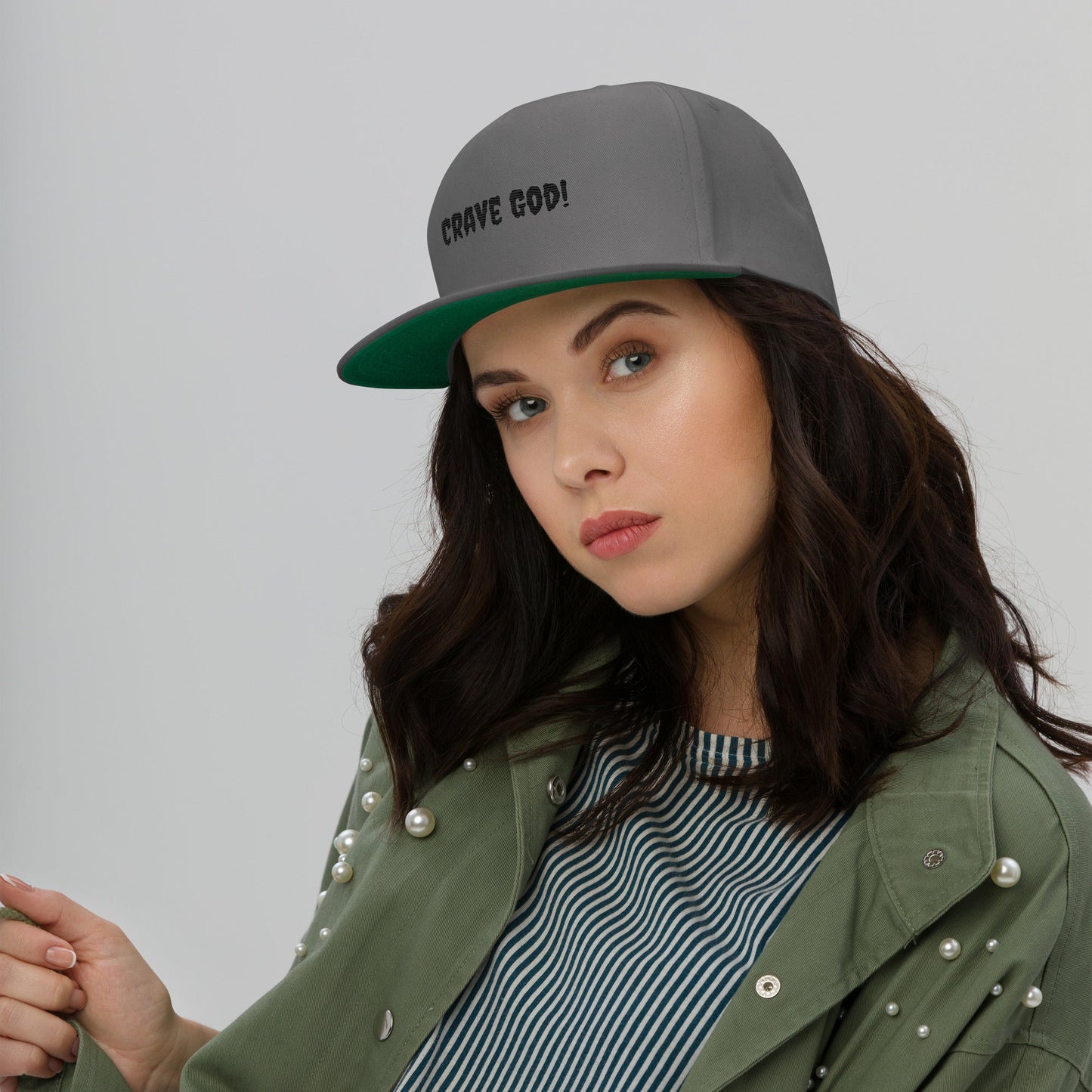 High-profile flat bill cap with green undervisor and snapback closure