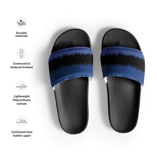 Black men's slides with cushioned faux leather strap and textured footbed for summer comfort